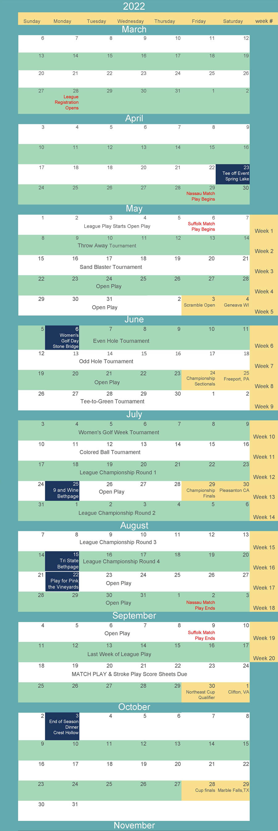 LPGA Loing Island 2022 League Calendar